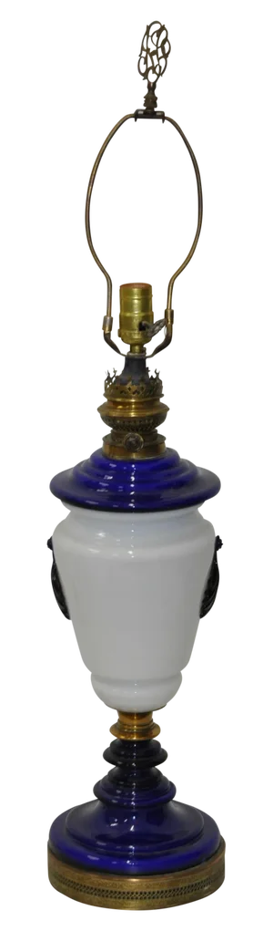 Converted Milk & Cobalt Glass Kerosene Table Lamp