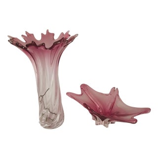 Large Murano Blown Amethyst Pink Glass Vase and Centerpiece, 1960s, Set of 2 For Sale