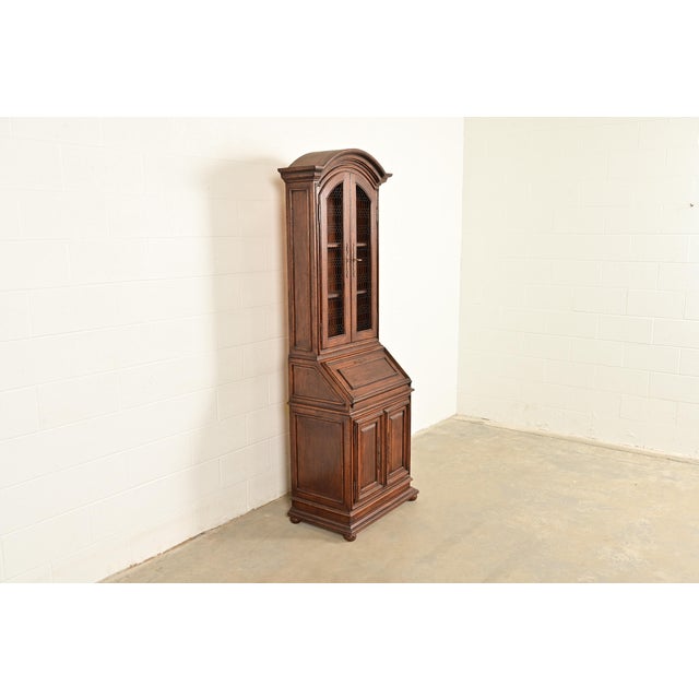 Baker Furniture Company Guido Zichele Style Italian Provincial Carved Walnut Drop Front Secretary Desk With Lighted Bookcase Hutch, Circa 1970s For Sale - Image 4 of 18
