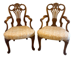 Antique Carved Walnut Desk Armchairs, 1920, Set of 2