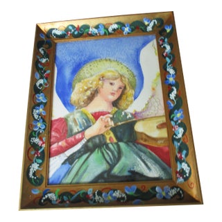 Vintage Signed Watercolor of Angel Playing Violin in Original Hand Painted Frame For Sale