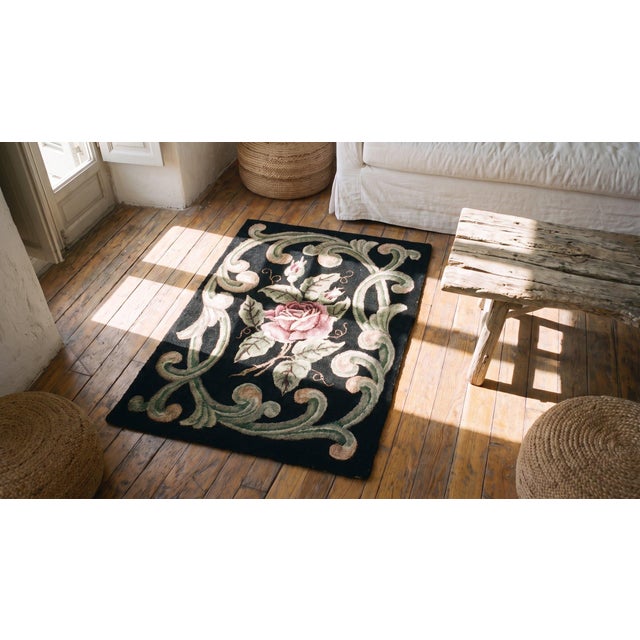 Black 1920s Black Floral Folk Art Antique American Hooked Rug 2'2" X3'0" Handknotted Wool Carpet For Sale - Image 8 of 9