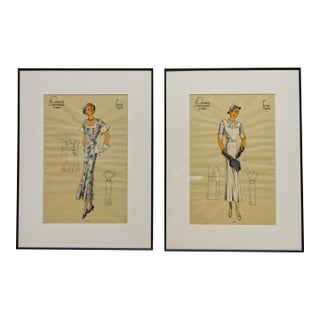 Framed Art Deco Style Summer 1934 Croquis Artistiques French Fashion Prints a Pair For Sale
