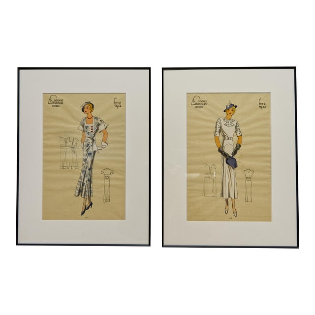 Framed Art Deco Style Summer 1934 Croquis Artistiques French Fashion Prints a Pair For Sale