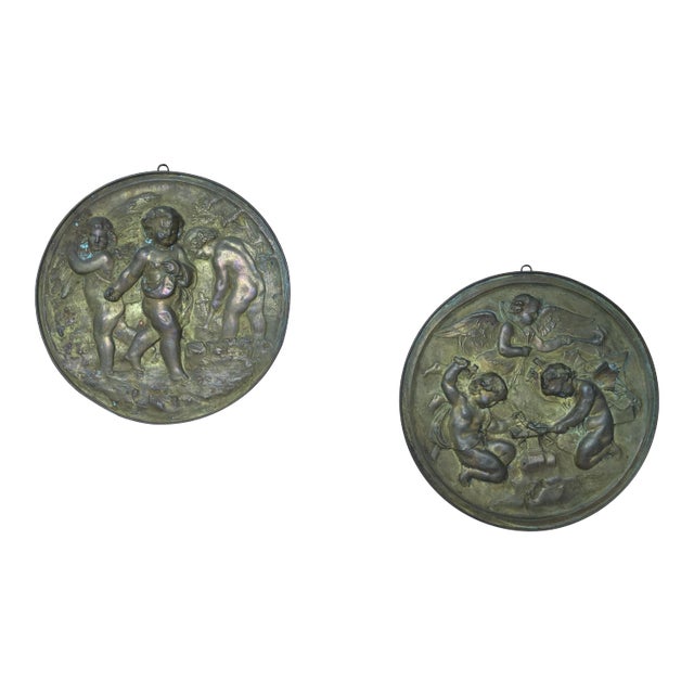 19th Century Angels at Work Brass Repousse Decorative Rounds - a Pair For Sale
