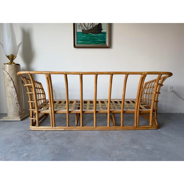 Vintage Ficks Reed Style Bamboo Rattan Sofa With Floral Print Upholstery For Sale In Miami - Image 6 of 12