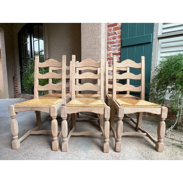 Set 6 Vintage French Ladder Back Dining Chairs Rush Seat Bleached Oak Farmhouse For Sale - Image 4 of 18