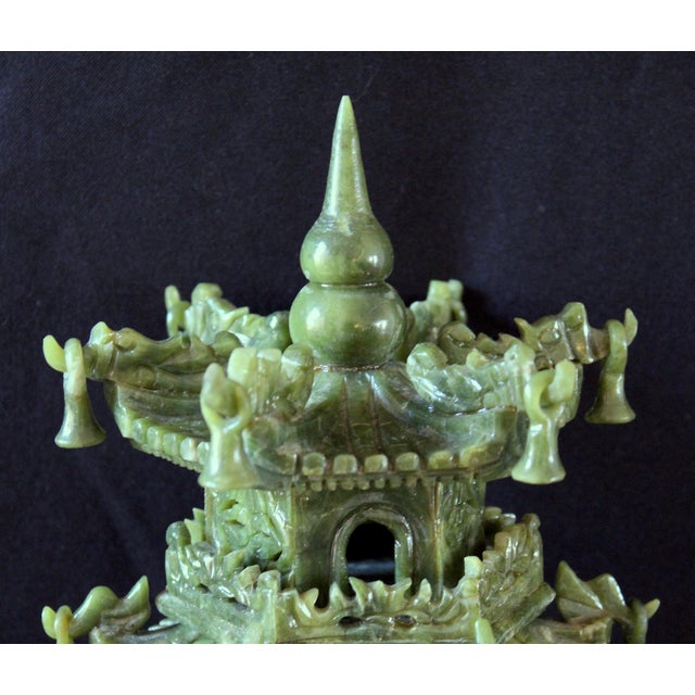 Vintage Chinese Jade Pagoda Sculpture – Hand-Carved Multi-Tier Celadon Green Temple Tower, Asian Feng Shui Decorative Stone Figurine on Red Wood Stand For Sale - Image 14 of 17