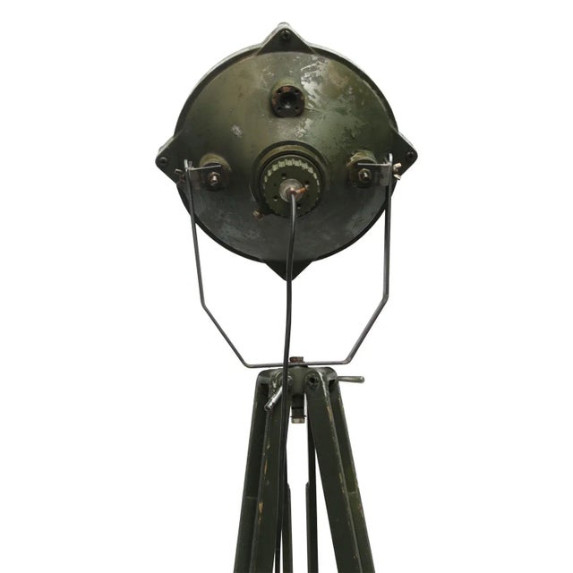 Wood Vintage Industrial Green Wooden Tripod Floor Lamp For Sale - Image 7 of 9