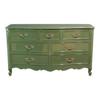 Vintage French Style Green Lacquered Dresser of Seven Drawers For Sale