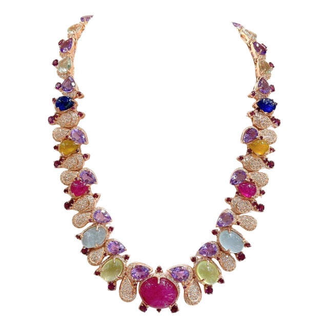 Bochic “Capri” Vintage Ruby, Sapphire, Amethyst, Aquamarine & Peridot Necklace For Sale