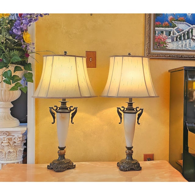 A stunning pair of modern Alabaster Glass and Resin Urn Table Lamps with Silk Blend Shades, in excellent vintage...