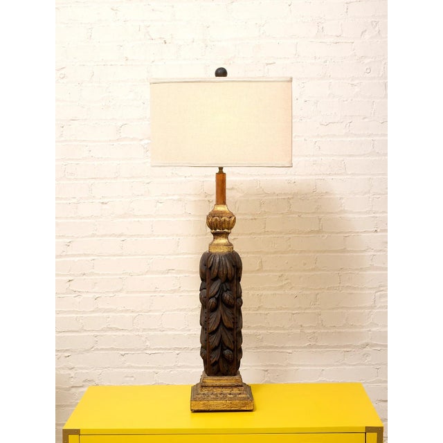 Wood Vintage Hand-Carved Acanthus Wood Table Lamp With Linen Box Shade For Sale - Image 7 of 12