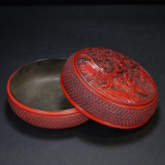 Red Late 20th Century Carved Cinnabar Lacquer Box With Landscape and Scholar Scene For Sale - Image 8 of 9