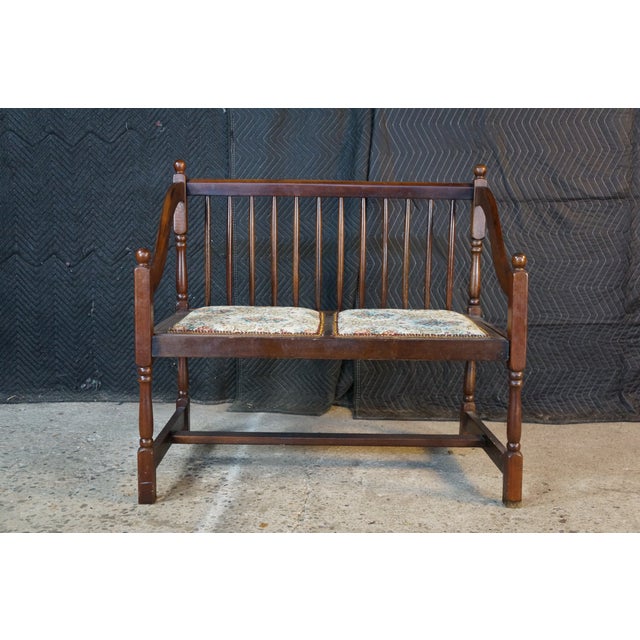 Vintage American Country Farmhouse Mahogany Settee Bench Needlepoint Seat For Sale - Image 4 of 17