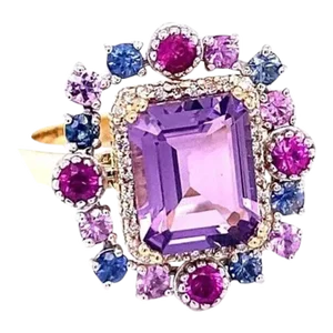 3.91 Ct Amethyst, Diamond, Sapphire Yellow Gold Cocktail Ring Size 7