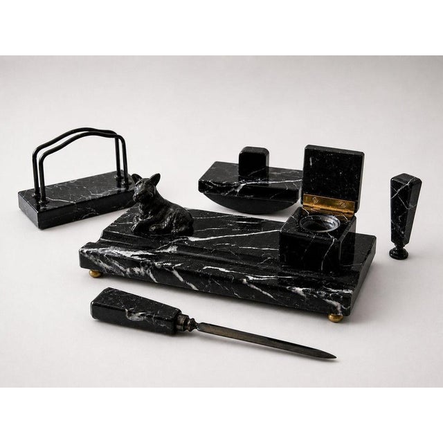 Swedish Art Deco Black Marble Desk Set with Terrier Sculpture, 1930, Set of 5 For Sale - Image 3 of 9