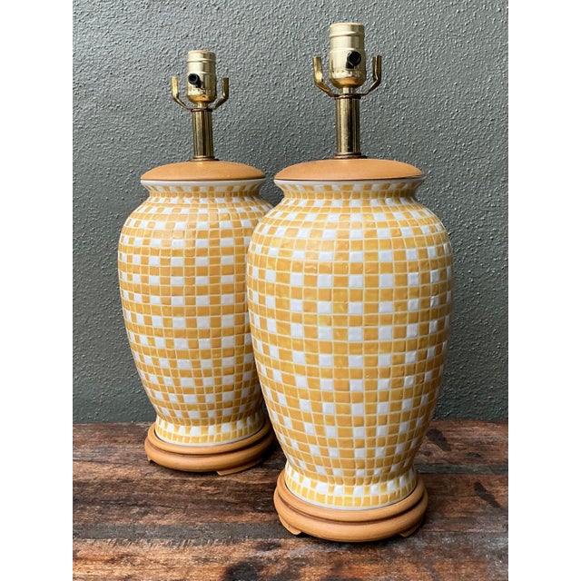 Vintage Glazed Ceramic Grid Lamps - A Pair For Sale - Image 4 of 12