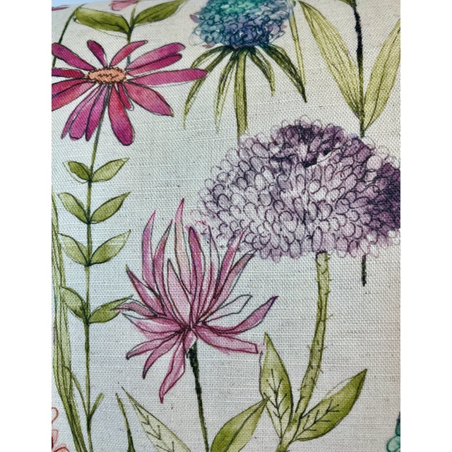 Large Bolster Pillow Decorated With a Playful Pink, Blue & Purple Mid Century Modern Floral Pattern With Darting Dragonflies - Made in the U K For Sale In Dallas - Image 6 of 11