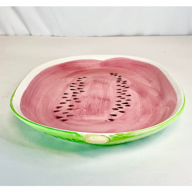 Raspberry Red 1980s Vintage Americana Boho Chic Arts & Crafts Hand-Painted Ceramic Watermelon Platter. For Sale - Image 8 of 12