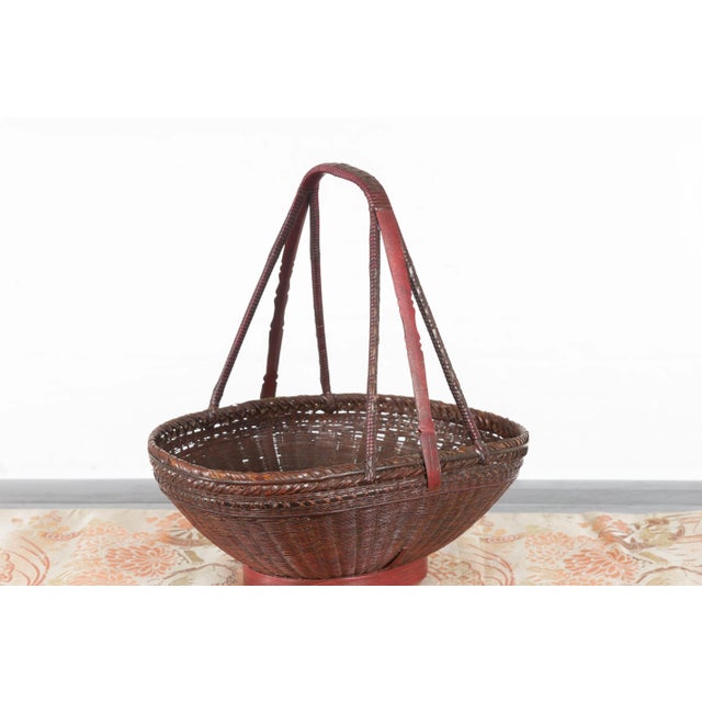 Chinese Woven Rattan Red and Brown Market Basket with Large Tripartite Handle For Sale - Image 9 of 13