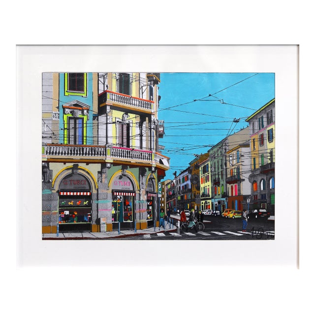 Porta Genova, Milan - Colorful Architecture Landscape Mixed Media Original Artwork by Fabio Coruzzi For Sale