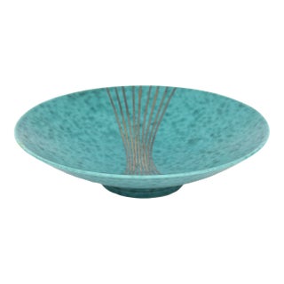 Vintage Gustavsberg Argenta Turquoise Green Ceramic Bowl With Silver Lines Sweden For Sale