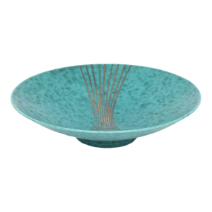 Vintage Gustavsberg Argenta Turquoise Green Ceramic Bowl With Silver Lines Sweden