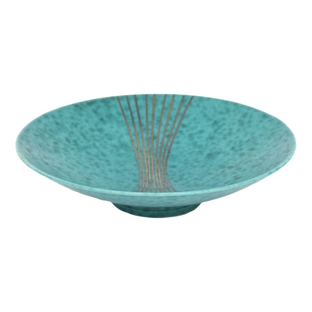 Vintage Swedish Gustavsberg Argenta Turquoise Green Ceramic Bowl With Silver Lines, 1950's For Sale
