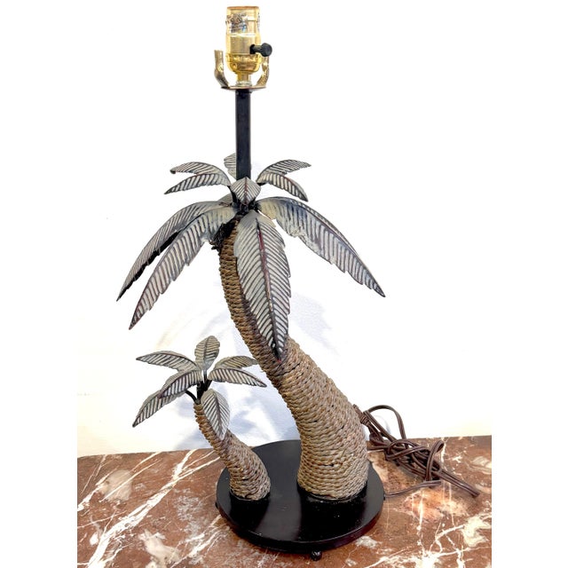 Late 20th Century Pair of British Colonial Style Tole and Rope Double Palm Tree Lamps For Sale - Image 4 of 12