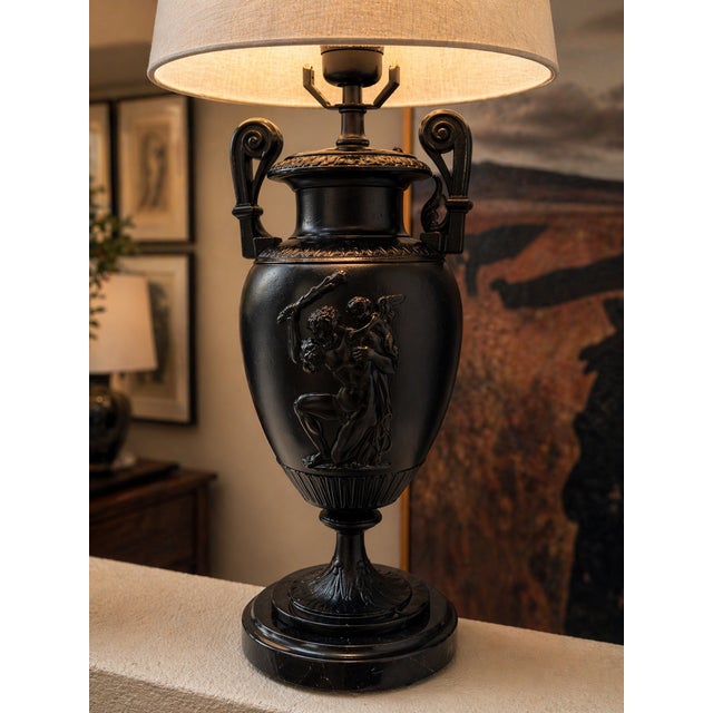 Late 20th Century Neoclassical Black Urn Table Lamps With Figural Relief - a Pair For Sale In Los Angeles - Image 6 of 6