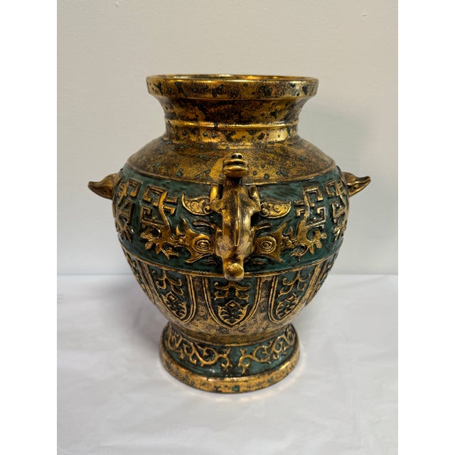 Chinese Style Gilt Bronze Vase With Dragon Handles & Verdigris Patina For Sale - Image 9 of 9
