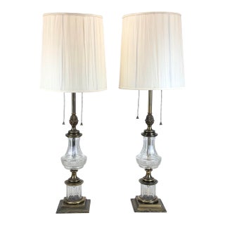 1970’s Stiffel Hollywood Regency Brass & Crystal Table Lamps For Sale