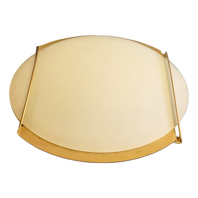 Vintage Italian Flat Ceiling Lamp with Brass-Colored Metal Bracket and White Glass Shade, 1990s For Sale