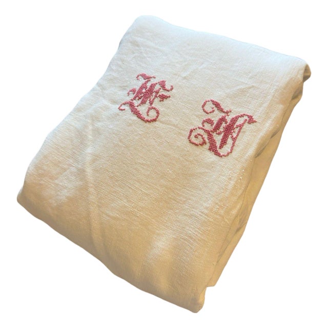 Antique French Linen Sheet Red Monogram Cross Stitch Soft Linen Sheet Lh Initials Rustic Trousseau Linen Circa 1900 For Sale