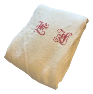 Antique French Linen Sheet Red Monogram Cross Stitch Soft Linen Sheet Lh Initials Rustic Trousseau Linen Circa 1900