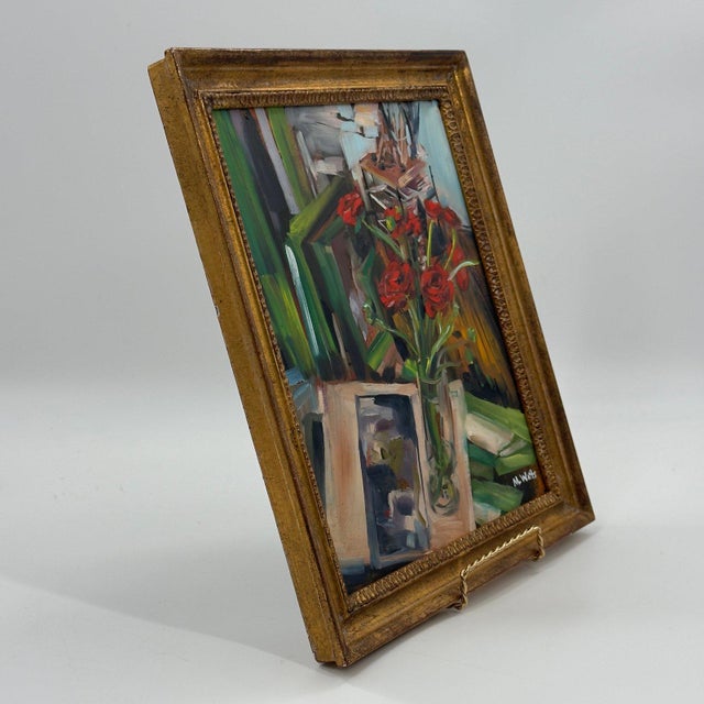Wood Vintage Original Oil Painting Red Roses Still Life For Sale - Image 7 of 13