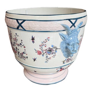 Vintage Chinoiserie Ceramic Cachepot Planter With Relief Ram Head Handles For Sale