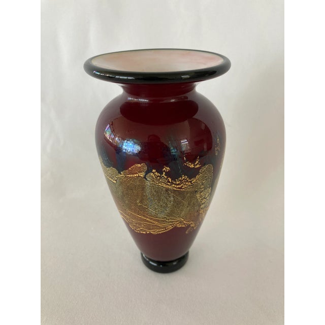 Contemporary Gold and Silver Leaf Infused Red Cased Glass Lipfoot Vase For Sale - Image 3 of 7