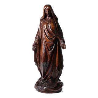 Vintage Religious Sculpture of the Virgin Mary in Carved Wood, 1920s For Sale