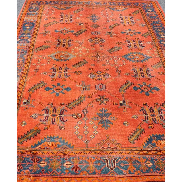 Tribal Antique Turkish Oushak Colorful Rug With All-Over Design in Salmon and Blue's 7'9"x12'4" For Sale - Image 3 of 11