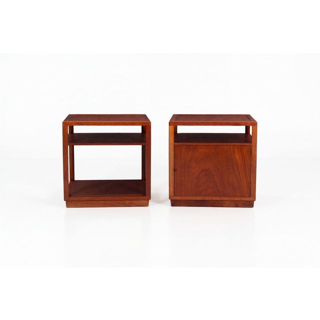 Edward Wormley for Dunbar Pair of Cube End Tables, 1947 Oiled mahogany. Pair of cube-form end tables designed by Edward...