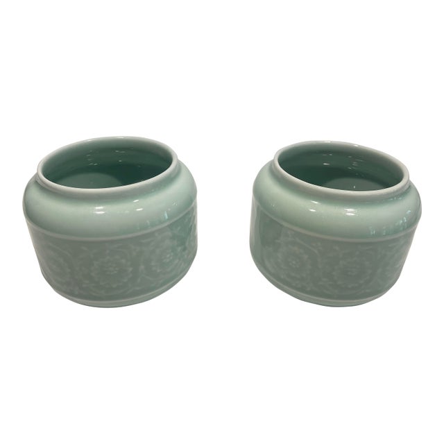 Pair of 1980s Chinese Cerulean Short Flower Vases For Sale