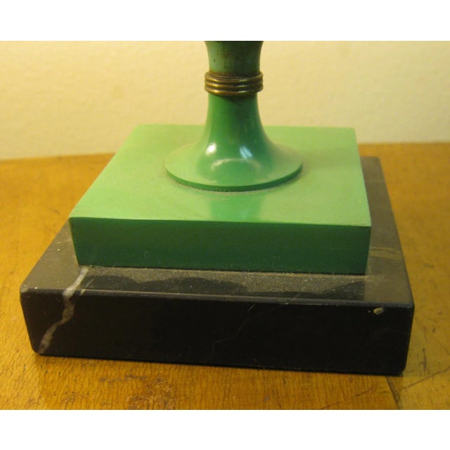 Petite size Art Deco Classic French green metal tole lamp pair with handsome black marble bases and brass ormolu...