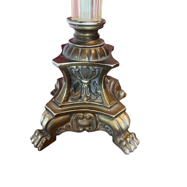 Hollywood Regency Regency Style Table Lamps with Neoclassical Bases, Paw Feet and Cream Fabric Shades with Beaded Fringe, 1980, Set of 2 For Sale - Image 3 of 10