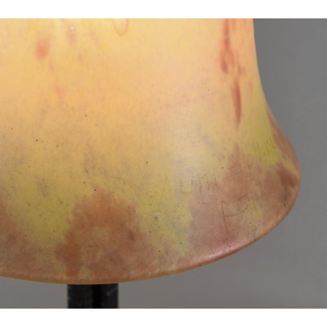 Yellow 1920s French Art Deco Daum Table Lamp Yellow Burgundy Mottled Glass Wrought Iron For Sale - Image 8 of 8