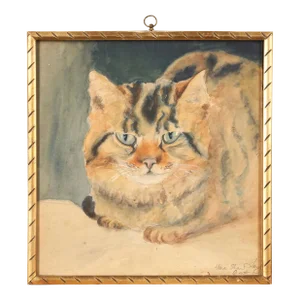 Una Shaw Lang (British 1889 - 1981) St Ives School Watercolor Painting Portrait of a Tabby Cat
