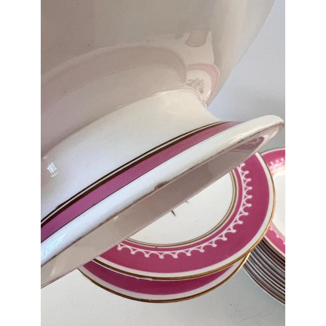 Antique French Pink Old Paris Porcelain hand-painted dessert set with 12 plates and 5 assorted tazzas, porcelain with gilt accents - 17 pcs For Sale - Image 10 of 18