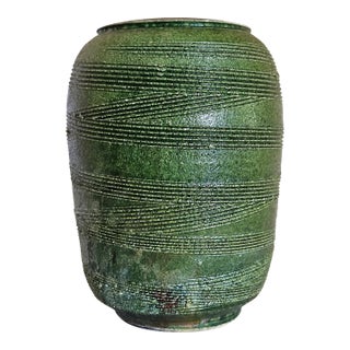 MCM Ceramic Artisan Vase Green Raku For Sale