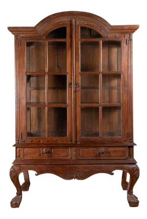 Early 20th Century Large Javanese Cabinet with Paneled Glass Doors, Bonnet Top and Cabriole Legs